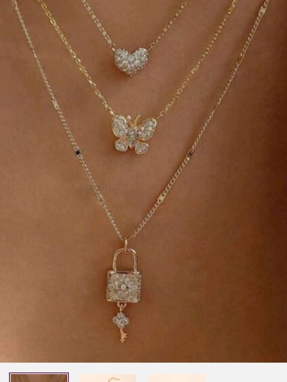 Gold-Tone Layered Necklace Set with Crystal Heart, Butterfly & Lock